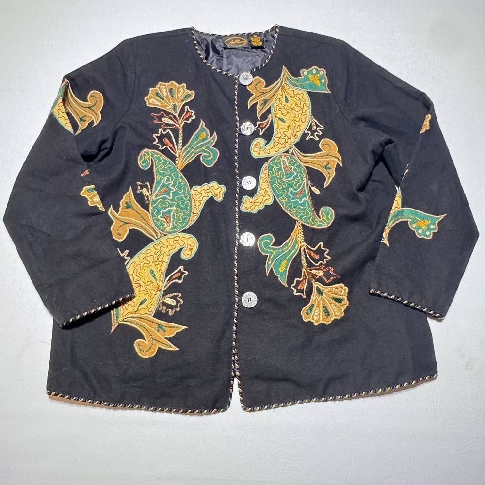 Allure Embroidered Jacket Womens Medium Black Paisley Art‎ to Wear Boho Artsy